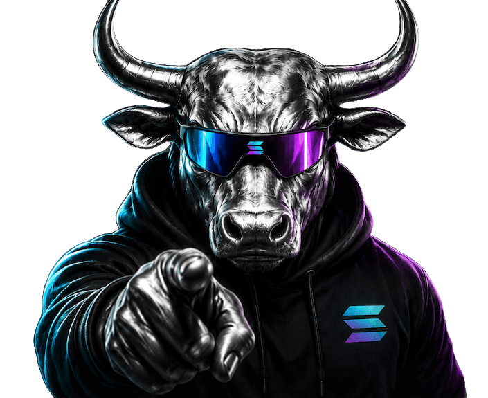 The Silver Bull, a chrome bull mascot in an iridescent visor, pointing at you